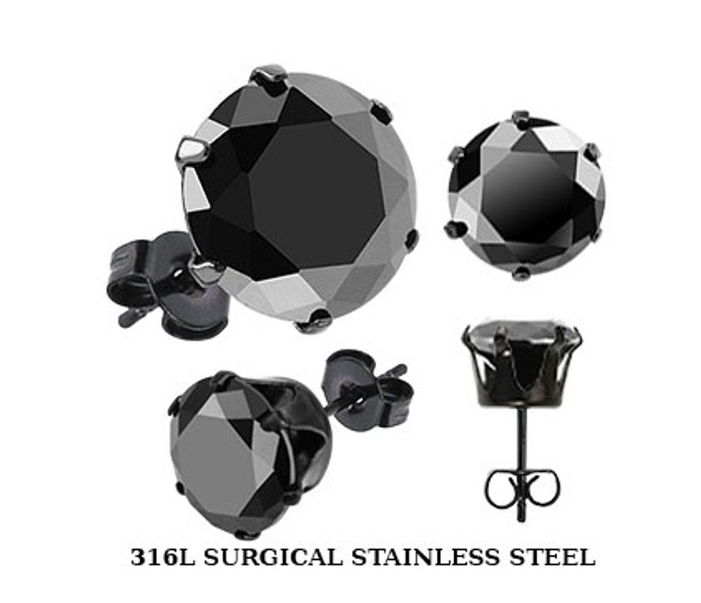 SERDK-4K Мужские серьги - гвоздики с черным камнем (4 мм), сталь, «Spikes»