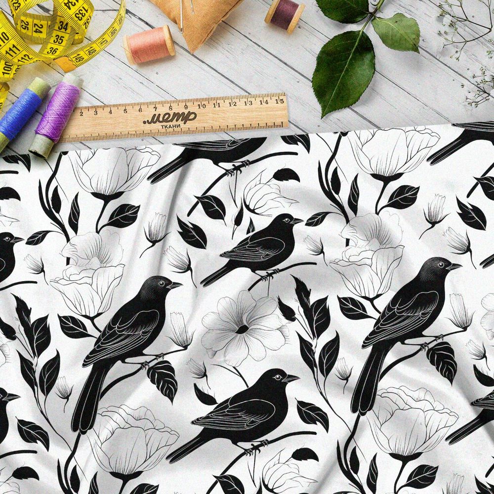 Ткань премиум мембрана темные соловьи на белом