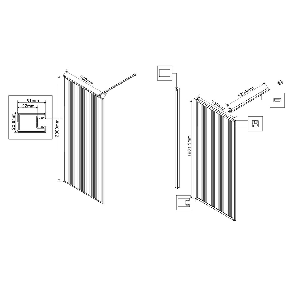 Душевая перегородка Волк-Ин (Walk-In) VSW-1HP800FLB, 800*2000, черный матовый, стекло рифленое