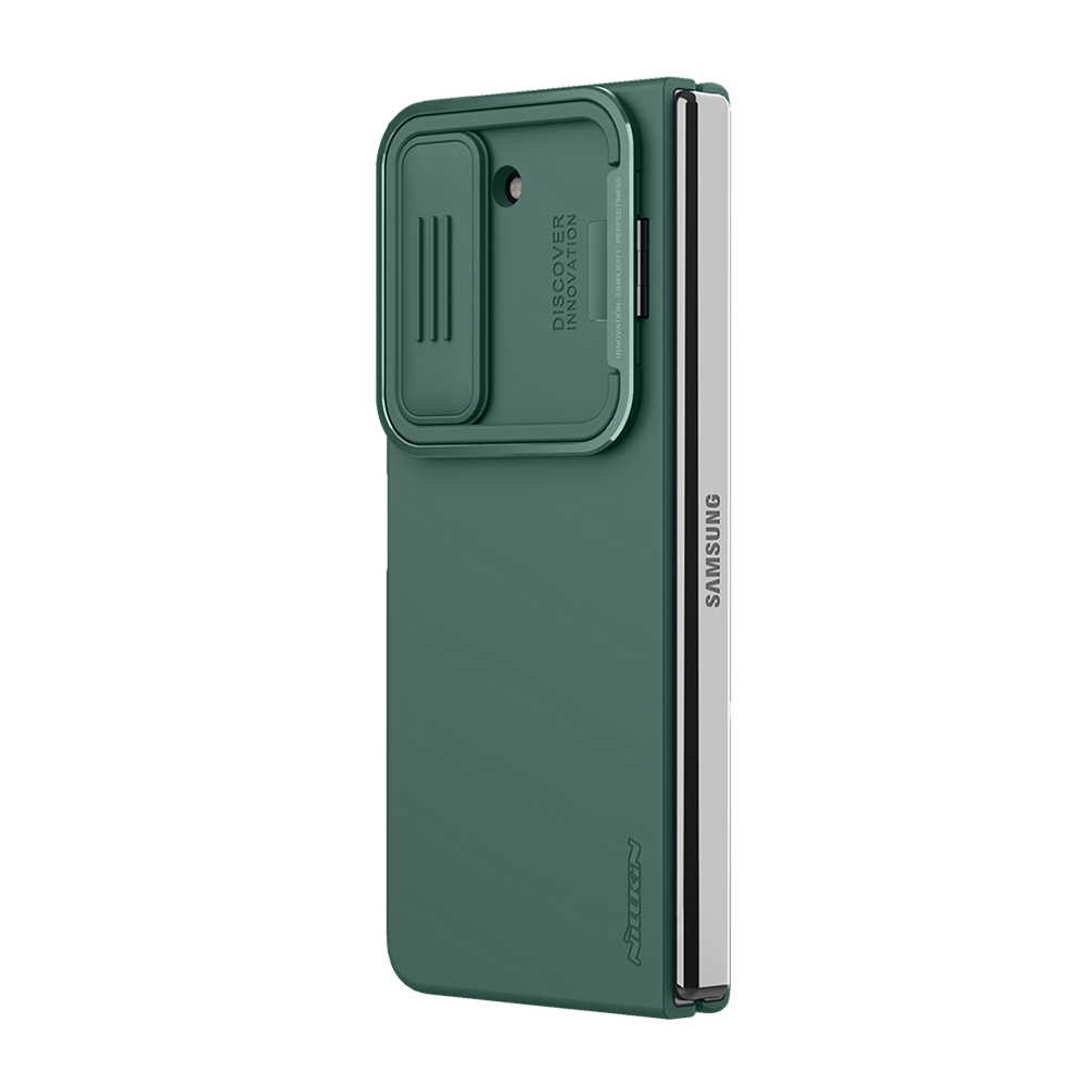 Чехол зеленого цвета покрытый жидким силиконом от Nillkin для Samsung Galaxy Z Fold 5, серия CamShield Silky Silicone Case (Stand Version) (версия с подставкой)