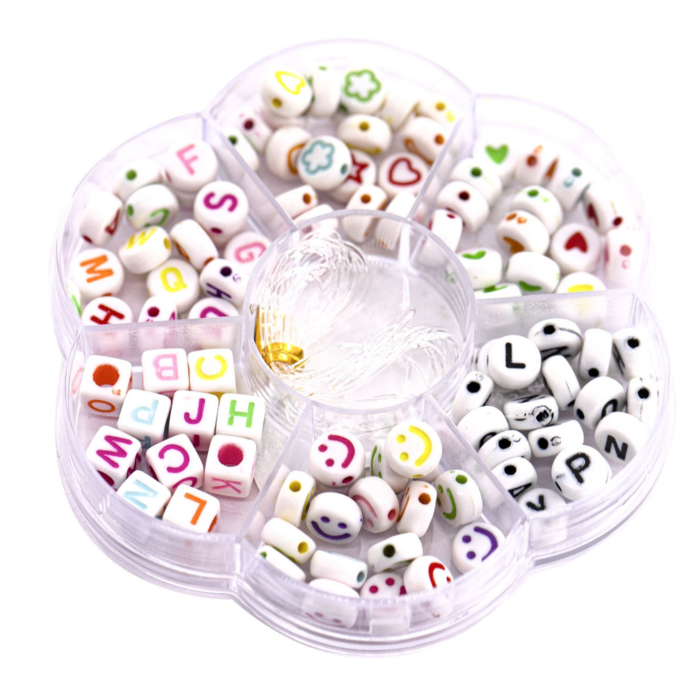 Набор для создания украшений-бусины Alingar, 80х80х12 мм, "Буковки", 6 видов бусин, 1х1,1 м леска, пластик. пенал