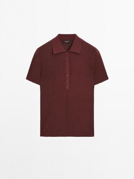 Massimo Dutti Трикотажный свитер-поло из смесового хлопка, гранатовый