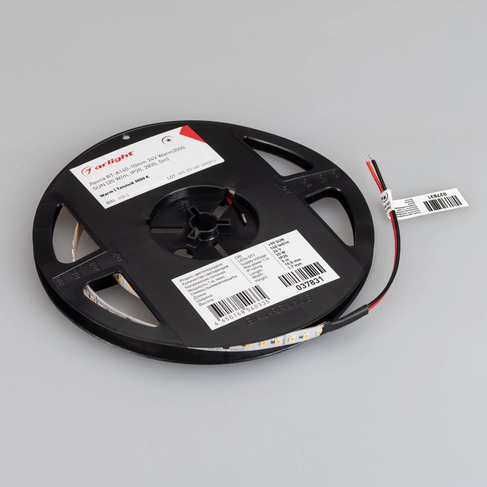 Светодиодная лента RT-A140-10mm 24V Warm3000 SUN (20 W/m, IP20, 2835, 5m) (Arlight, -) 037831