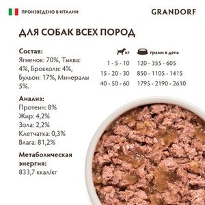 Консервы GRANDORF Dog LamPumBro для собак, паштет из ягненка с тыквой и брокколи
