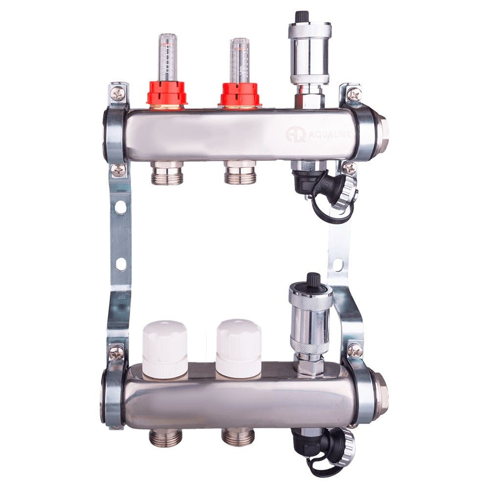 Группа коллект. AQUALINK с расходомерами, сливным краном и автомат. возд-ком, нерж. сталь 1"х2х3/4"