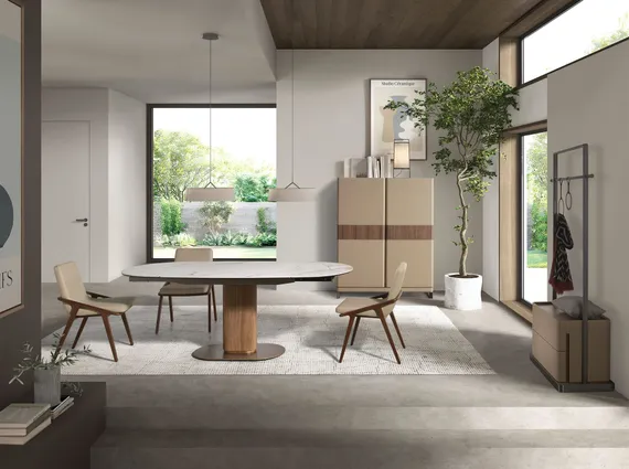 Высокий буфет 3276 из кожи, ореха и полированной стали