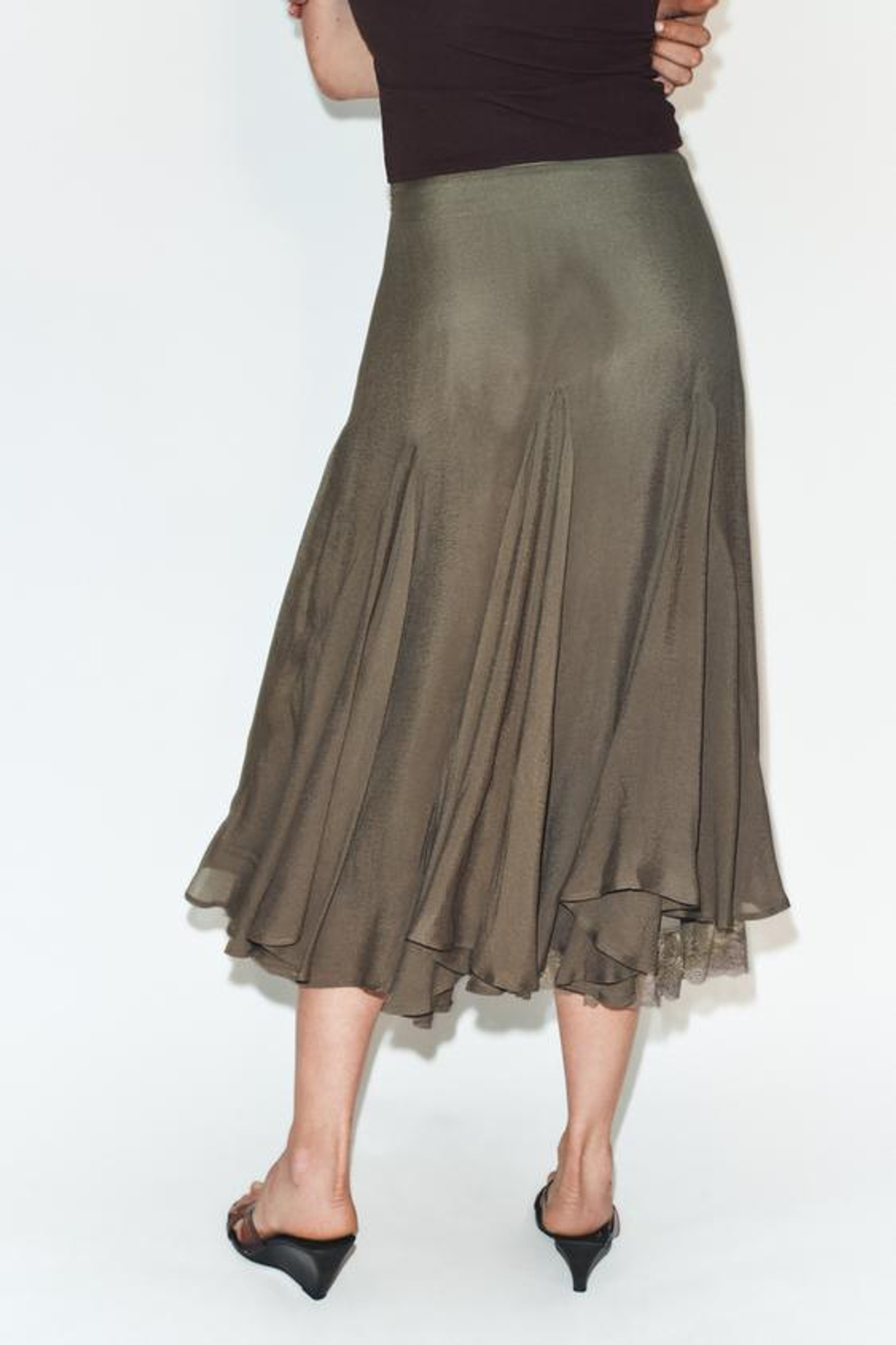 ZARA ЮБКА ГОДЕ ИЗ СТРУЯЩЕЙСЯ ТКАНИ С КРУЖЕВОМ, ТЕМНЫЙ ХАКИ