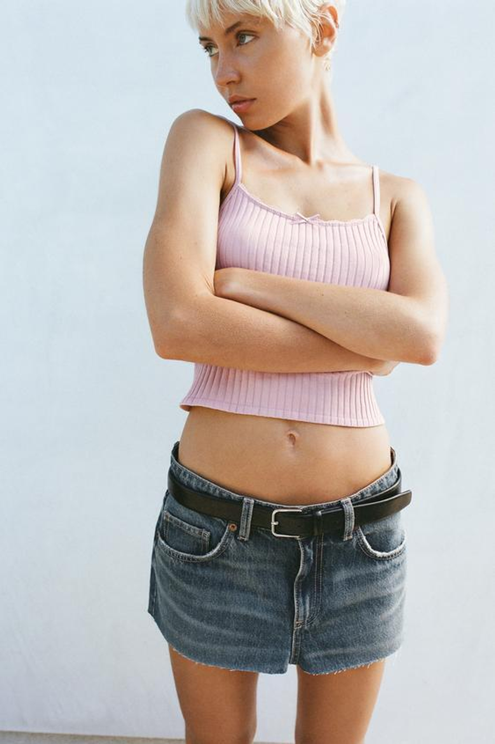 ZARA БЕСШОВНЫЙ КРОП-ТОП В РУБЧИК С БАНТИКОМ, ПУДРОВО-РОЗОВЫЙ