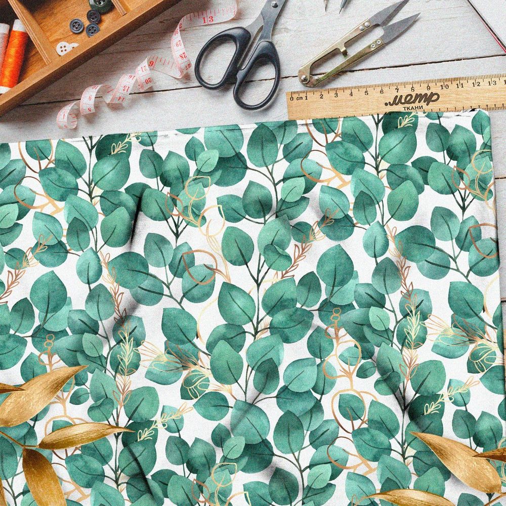 Ткань шелк Армани листья бирюзовые