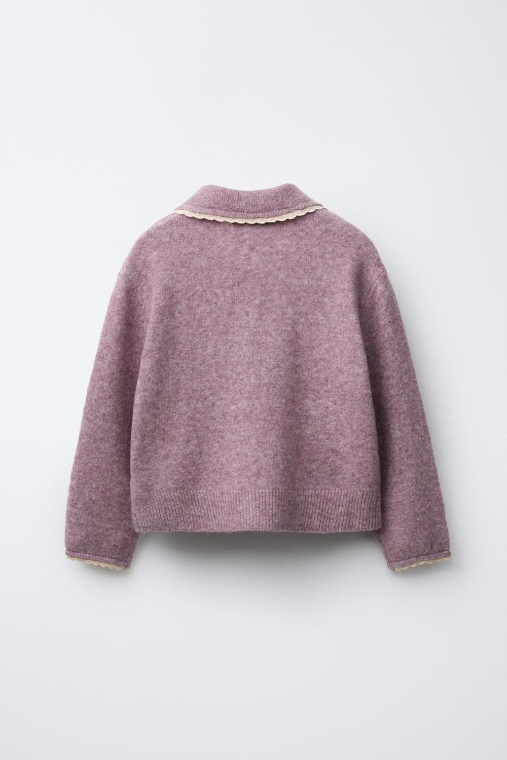 ZARA ВЯЗАНЫЙ КАРДИГАН С КРУЖЕВНОЙ ОТДЕЛКОЙ, ЦВЕТ МАЛЬВЫ