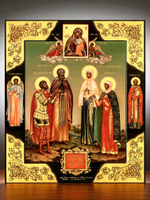 Александр Невский, Сергий Радонежский, Елизавета и Юлия (Иулия) перед иконой Божией Матери Ярославская. Деревянная икона на левкасе