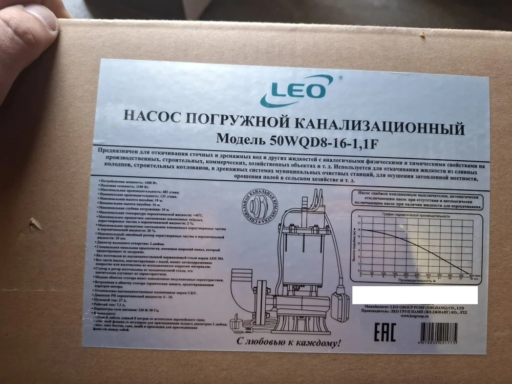 Насос дренажный "LEO" модель 50WQD8-16-1.1F