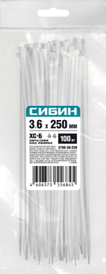 СИБИН ХС-Б, 3.6 x 250 мм, нейлон РА66, 100 шт, белые, хомуты-стяжки (3786-36-250)