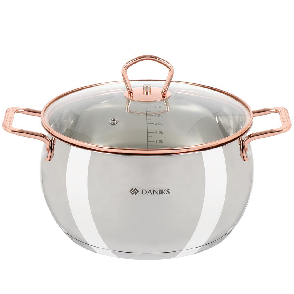 Кастрюля нерж, 4.5 л, крышка стекло, Daniks, Карлин, GS-01332G-22, индукц