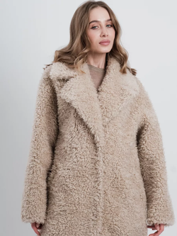Шуба чебурашка длинная из овечьей шерсти, светло-бежевая, SilverFox