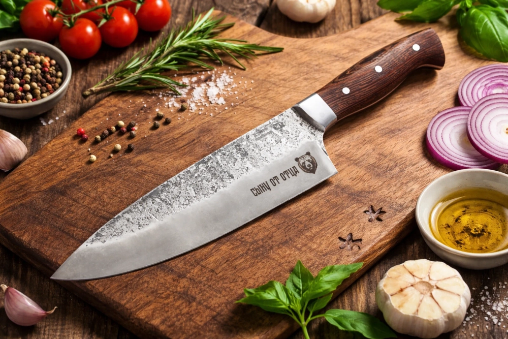 Кухонный шеф-нож "Сыну от отца" со следами ковки, сталь Х12МФ, рукоять венге