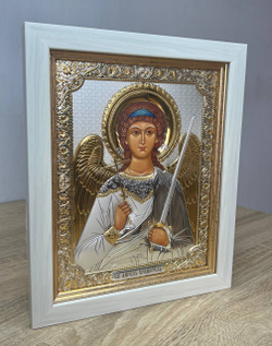 Ангел Хранитель, икона прямоугольная в рамке под стеклом, белое дерево 232х280