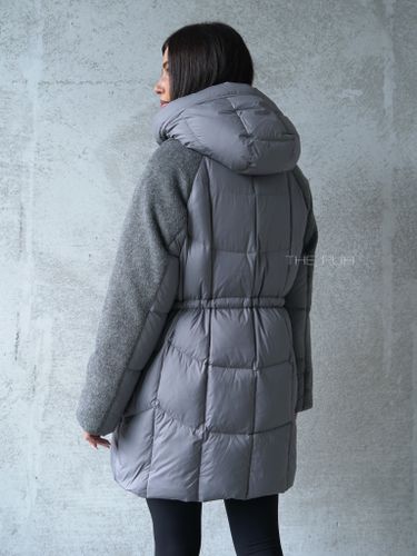 Серый комбинированный пуховик-пальто на кулиске