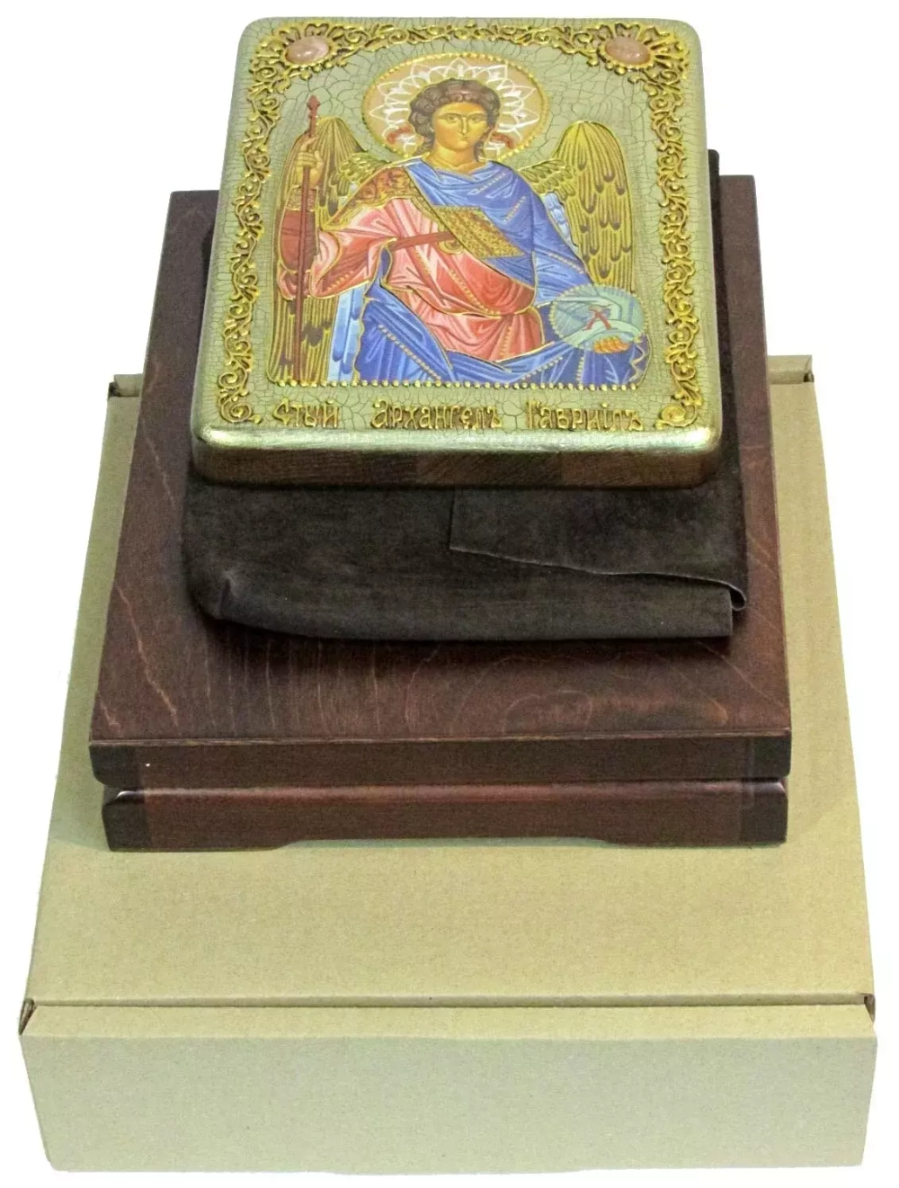 Инкрустированная икона Архангел Гавриил 20х15см на натуральном дереве в подарочной коробке