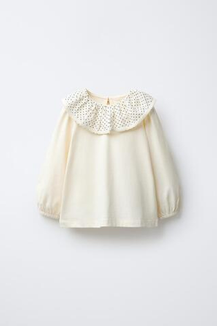 ZARA ФУТБОЛКА С ОТЛОЖНЫМ ВОРОТНИКОМ И ВЫШИВКОЙ, ТЕМНО-СИНИЙ/БЕЛЫЙ