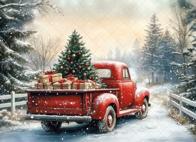 Машина Зима с подарками в лесу №1  - фон неопреновый