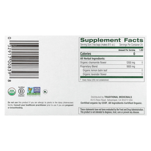 Traditional Medicinals, Herbal Tea, органическая ромашка и лаванда, без кофеина, 48 чайных пакетиков в упаковке, 72 г (2,53 унции)