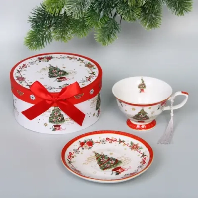 Чайная пара керамическая «Ёлочка» (кружка 220мл+блюдце) в подарочной коробке