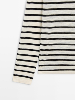 Massimo Dutti Футболка из смесового хлопка в полоску с длинными рукавами, натуральный/кремовый