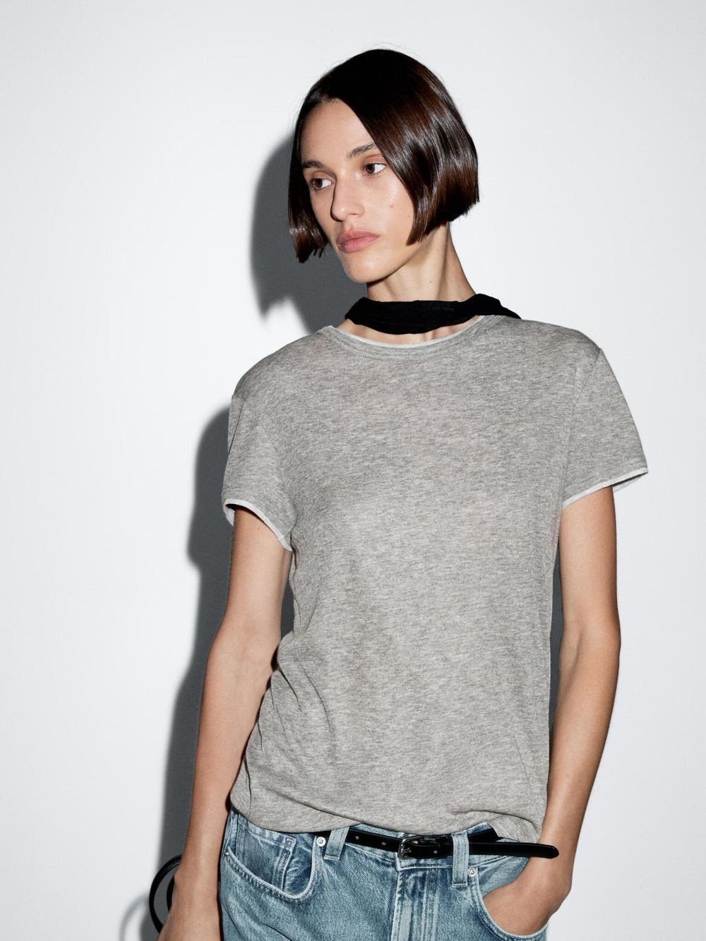 Massimo Dutti Футболка с двойной окантовкой, серый