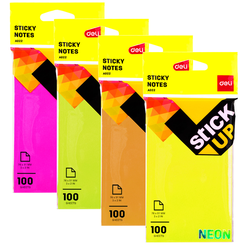 Клейкие листки DELI "Stick Up", 76х51 мм, ассорти неоновые, 100 листов