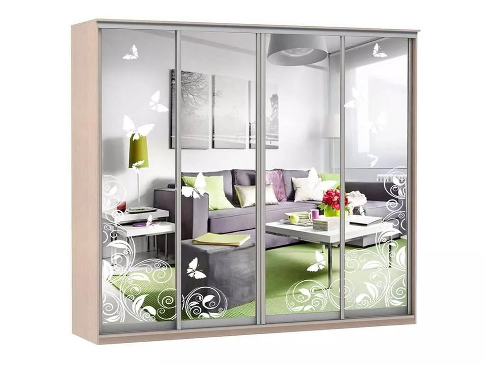 Шкаф купе Модерн 2362х600 4-х дверный 4-х секционный зеркальный с пескоструем №4 ясень
