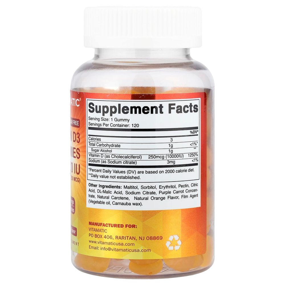 Vitamatic, витамин D3, со вкусом натурального апельсина, 250 мкг (10 000 МЕ), 120 жевательных таблеток