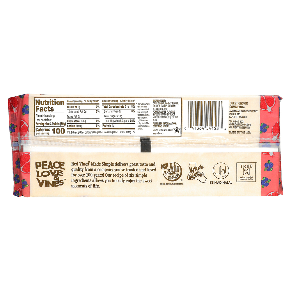 Red Vines, Солодка, Made Simple, голубика и гранат, 113 г (4 унции)