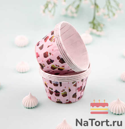 Формы бумажные с ламинацией «Маффин» 50х40 мм (Розовый с кексами) 100 шт