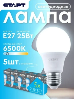 Лампочка светодиодная Е27 "Груша" 25Вт 6500К холодный свет 5 штук