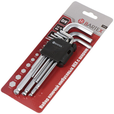 Набор ключей имбусов,шестигран, 9 пр, Bartex, 1.5-10 мм, удлиненные с HEX шаром, пластик держ, шт