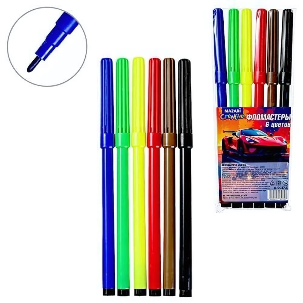Фломастеры 6цв. "Машина" вентилир.колпачок, корпус круглый (Mazari)