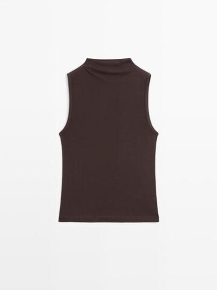Massimo Dutti Топ из 100% хлопка с воротником, коричневый