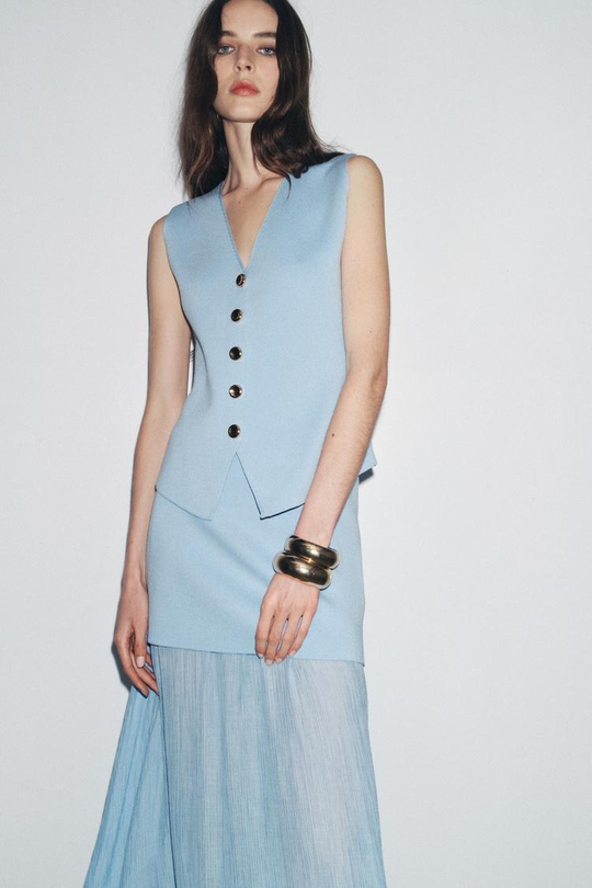 ZARA ОДНОТОННЫЙ ТРИКОТАЖНЫЙ ЖИЛЕТ, ВЫЦВЕТШИЙ СИНИЙ