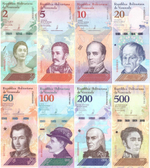 Банкноты Венесуэлы 8 шт. (2, 5, 10, 20, 50, 100, 200 и 500 боливаров) 2018 год