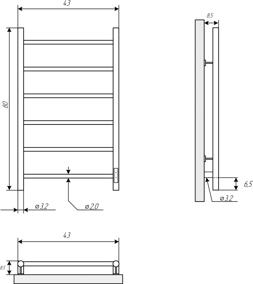 Полотенцесушитель электрический EWRIKA Сафо PN 80x45 см, подключение справа, слева, матовый белый, лесенка