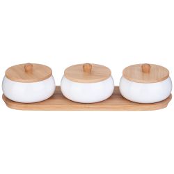 НАБОР БАНОК С ДЕРЕВ. КРЫШКОЙ LEFARD "NATIVE" 3 ШТ. 8,5*6,5 СМ 150 МЛ НА ДЕРЕВ. ПОДСТАВКЕ (КОР=24ШТ.)