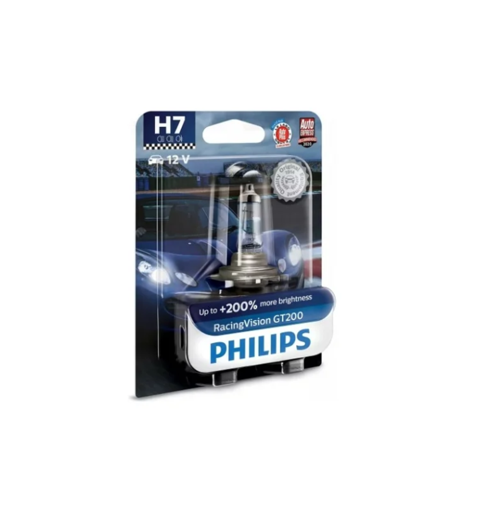 Автолампа PHILIPS H7, 55 Вт, PX26d+200%, Racing Vision GT200, 3400 К, 12 В 12972RGTB1