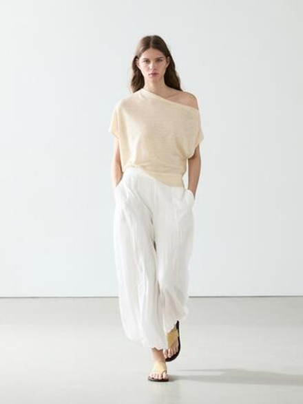 Massimo Dutti Струящиеся брюки-саруэль с фактурной отделкой, белый