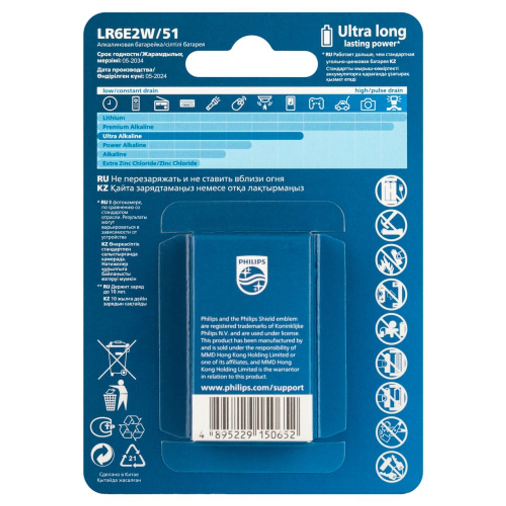 Батарейки Philips LR6E2W/51 АА алкалиновые 1,5v 2 шт. LR6-2BL Ultra (2/24/144/11520) | Philips
