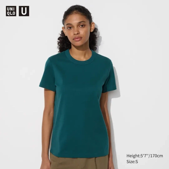 UNIQLO ФУТБОЛКА С КРУГЛЫМ ВЫРЕЗОМ, ТЕМНО-ЗЕЛЕНЫЙ