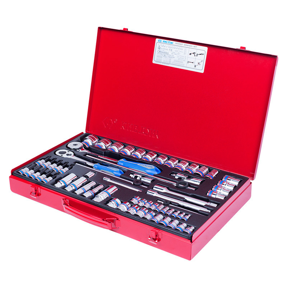 KING TONY (9063MR01) Набор торцевых головок с принадлежностями 1/4"+3/8"+1/2", 12-гранные, 4-32 мм, 62 предмета