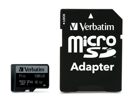 Карта памяти Verbatim Pro microSDXC 128GB UHS-I U3 V30, R/W 90/45 МБ/с с адаптером