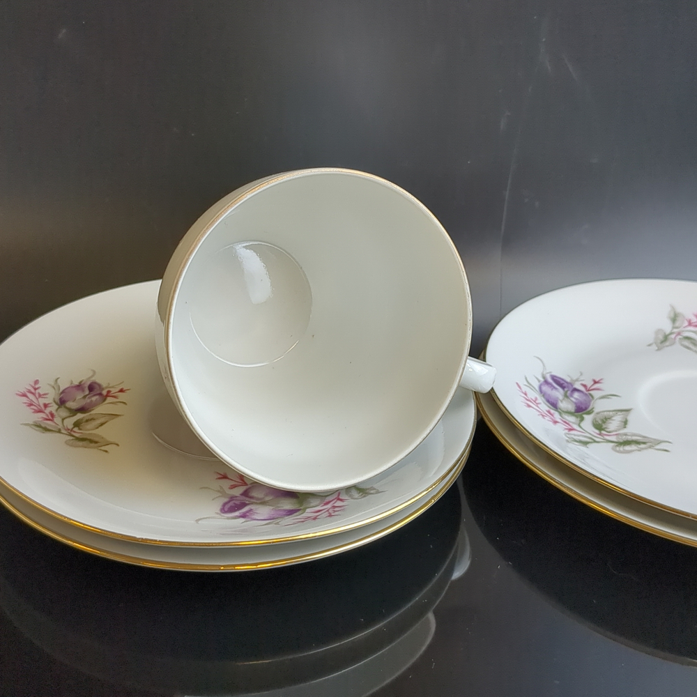 Чайные пары набор на 4 персоны фарфор, изящные цветы, Wloclawek porcelana, золочение, винтаж Польша, времён СССР 1967-1973 гг