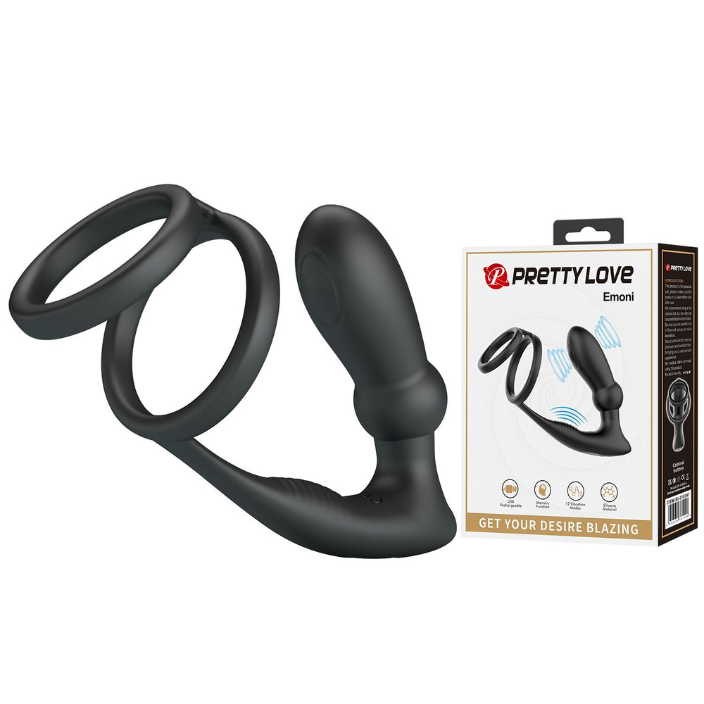 Черный анальный стимулятор простаты с вибрацией и эрекционными кольцами Emoni (Цвет: черный)